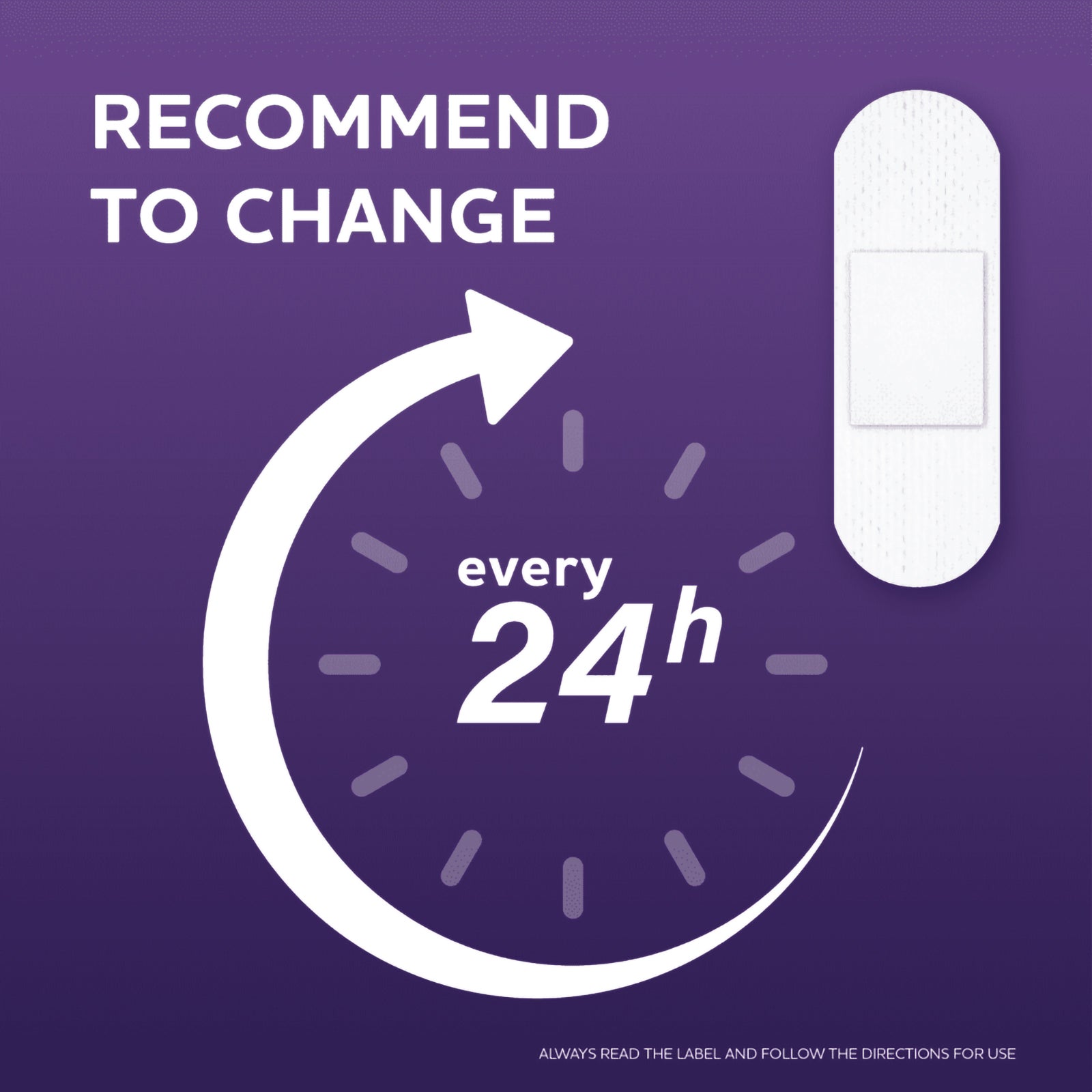 Purple AeroPlast information graphic recommending replacement of the Sensitive Silicone Extra Wide Bandage every 24 hours, accompanied by a bandage illustration and directions reminder.