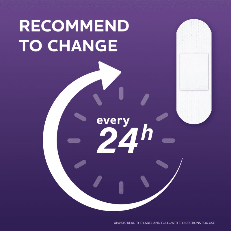Purple AeroPlast information graphic recommending replacement of the Sensitive Silicone Extra Wide Bandage every 24 hours, accompanied by a bandage illustration and directions reminder.