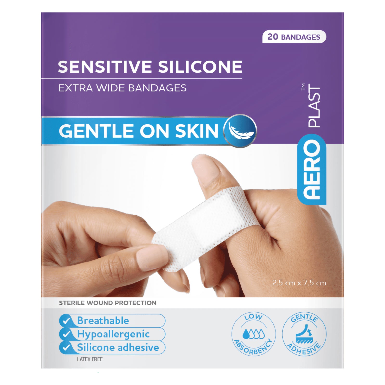 Straight front view of AeroPlast Sensitive Silicone Extra Wide Bandages packaging showing the gentle on skin message, 20 bandage quantity, sterile wound protection and breathable hypoallergenic features.