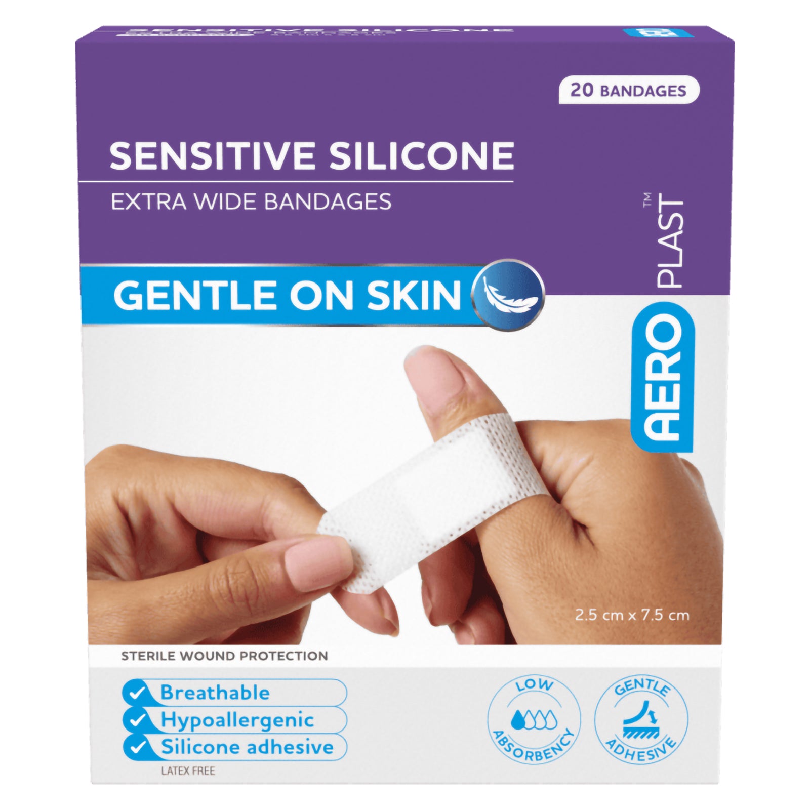 Full front pack image of AeroPlast Sensitive Silicone Extra Wide Bandages showing 20 sterile dressings, gentle silicone adhesive, breathable fabric and low absorbency wound protection.