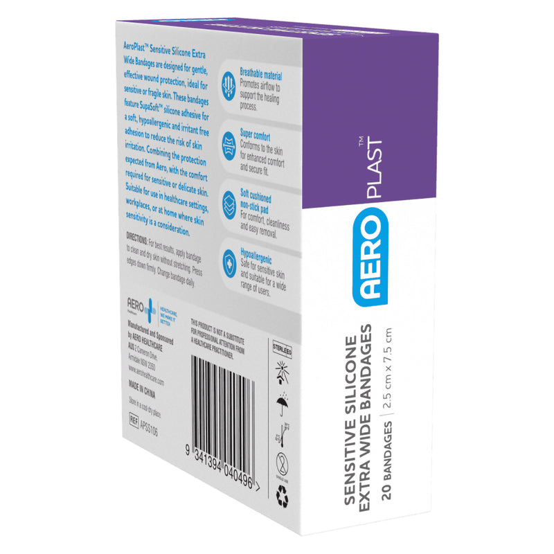 Rear angled view of the AeroPlast Sensitive Silicone Extra Wide Bandages box showing product directions, breathable material, comfort, non stick pad and hypoallergenic feature information.