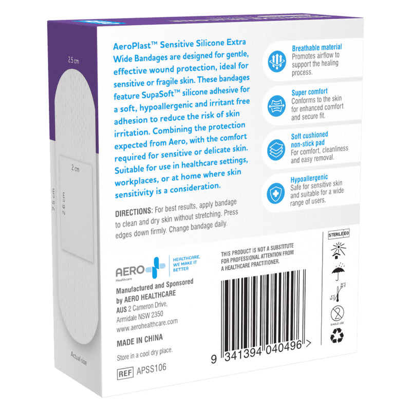Angled rear view of AeroPlast Sensitive Silicone Extra Wide Bandages packaging with sensitive skin benefits, application directions, product identification and storage information visible.