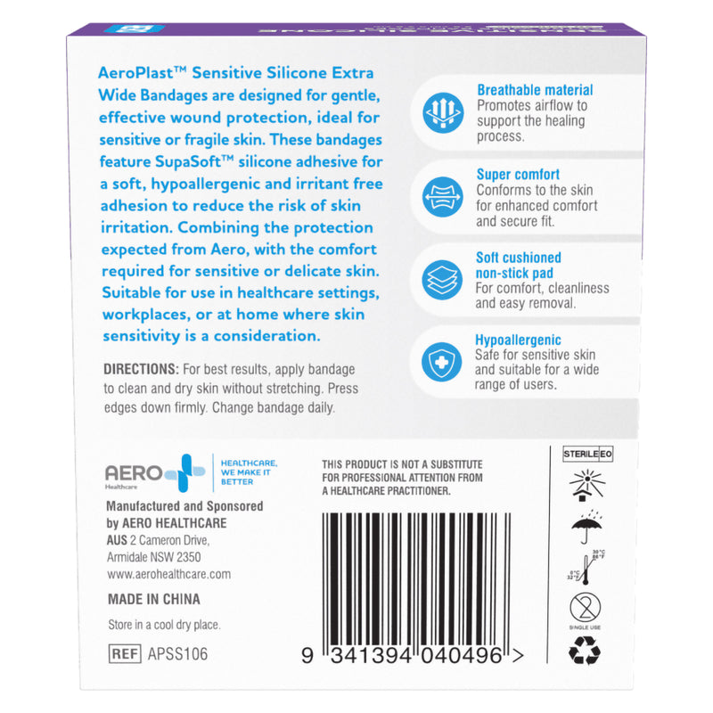 Rear panel of AeroPlast Sensitive Silicone Extra Wide Bandages packaging displaying product benefits, application directions, manufacturer information, storage guidance and reference APSS106.