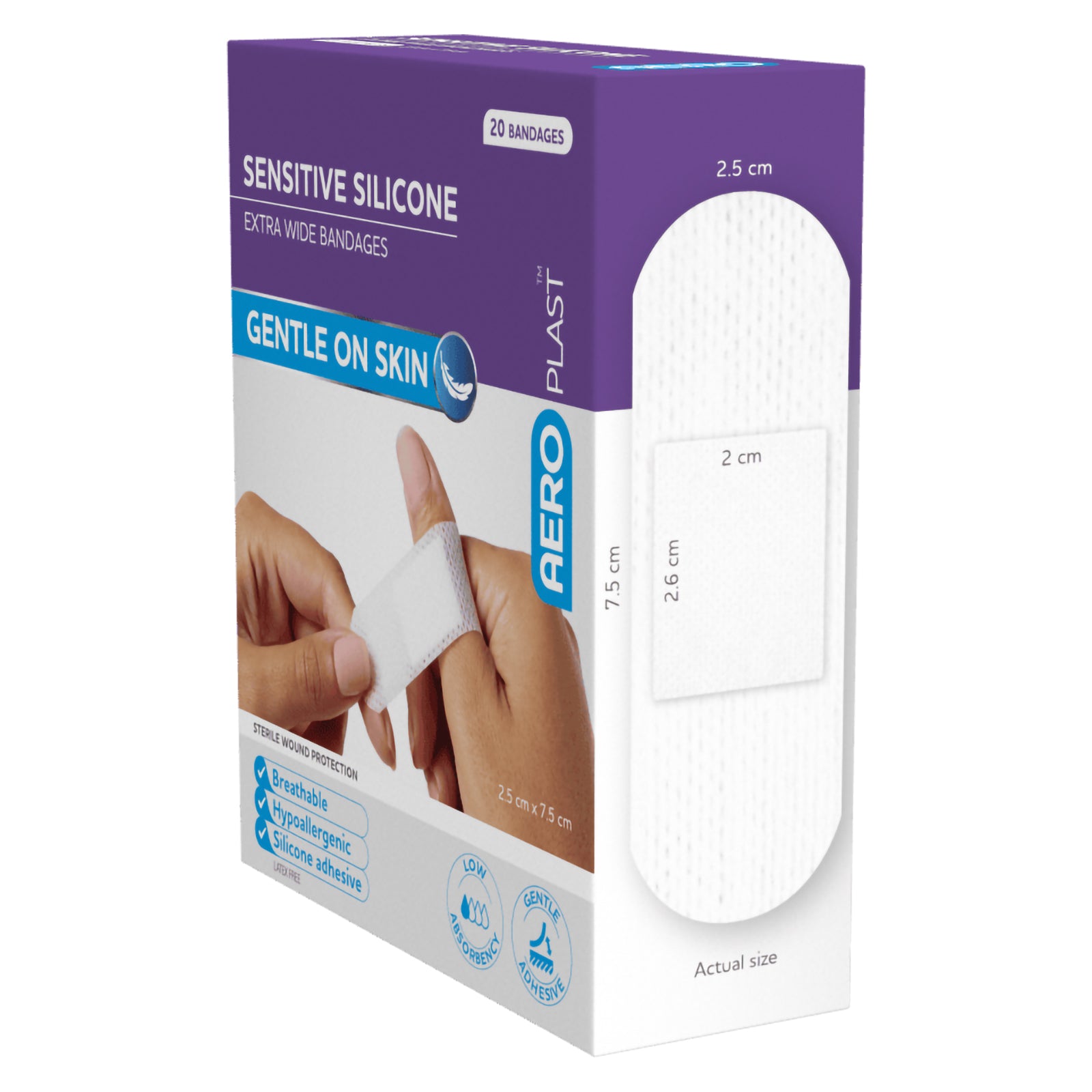 Side angled view of the AeroPlast Sensitive Silicone Extra Wide Bandages box showing the front branding and an actual size illustration with the dressing and wound pad dimensions.