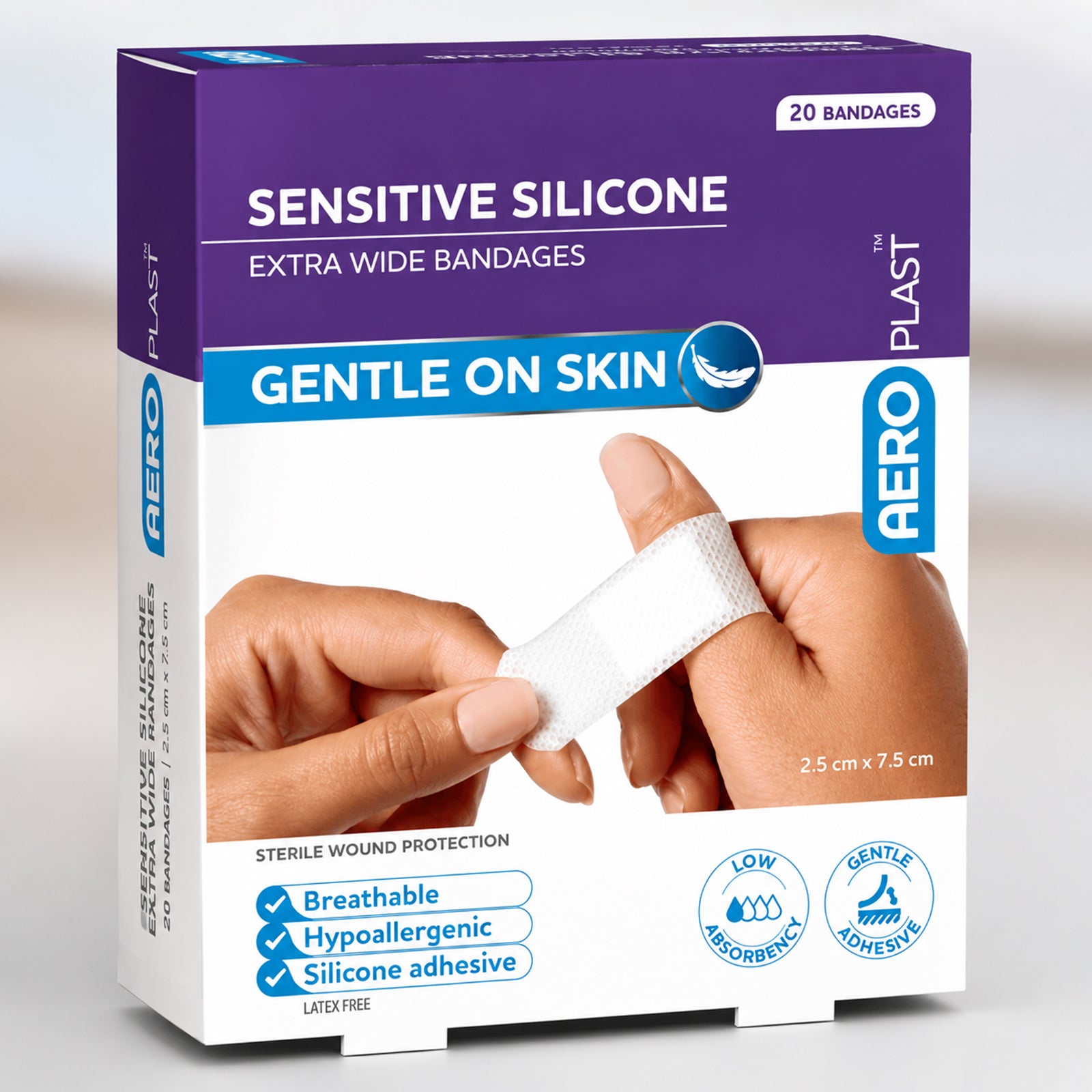 Angled product pack view of AeroPlast Sensitive Silicone Extra Wide Bandages, highlighting the 20 count box, breathable construction, hypoallergenic silicone adhesive and 2.5 x 7.5cm dressing size.
