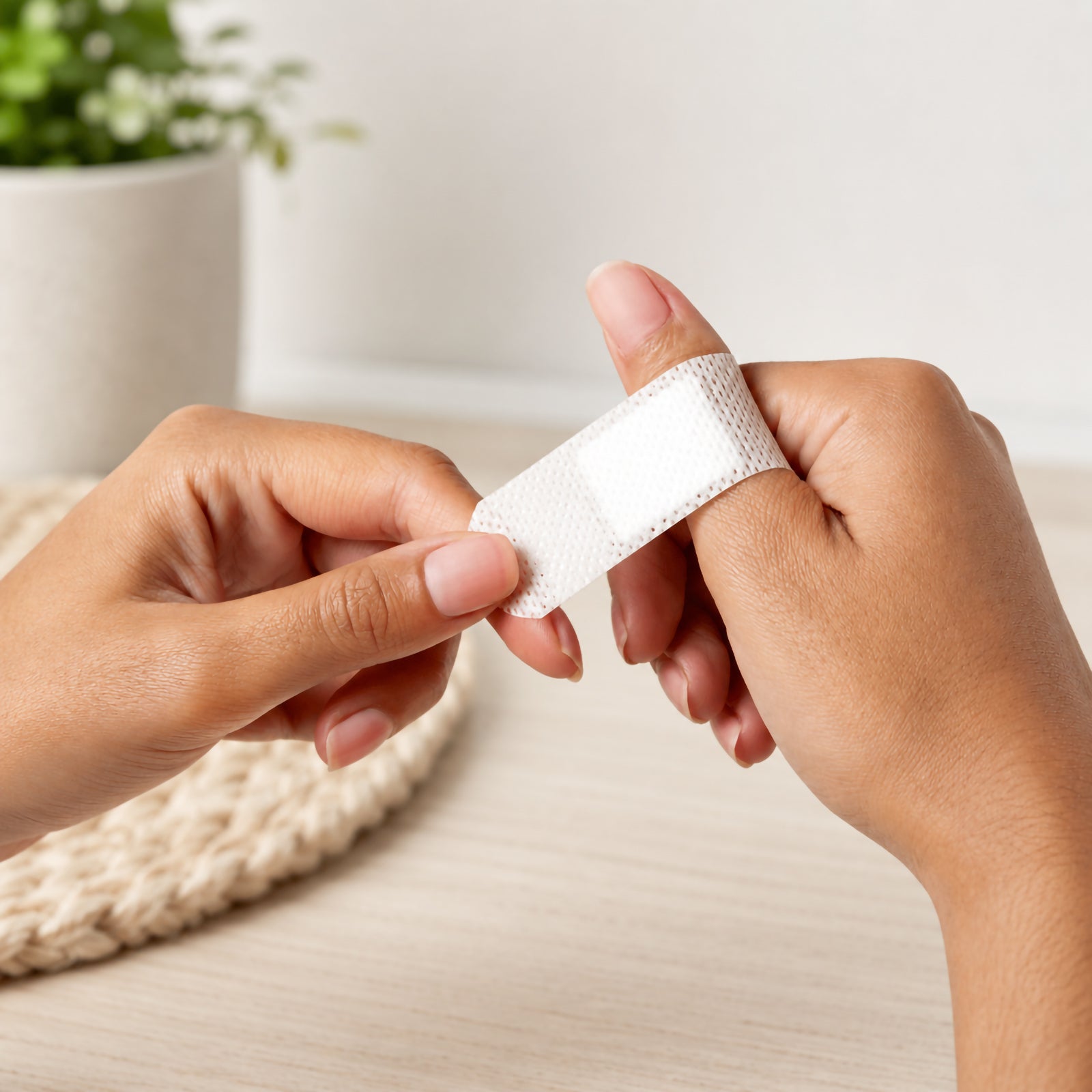 Close view of AeroPlast Sensitive Silicone Extra Wide Bandage being applied around a thumb, showing the flexible white breathable fabric conforming closely to the skin for comfortable wound coverage.