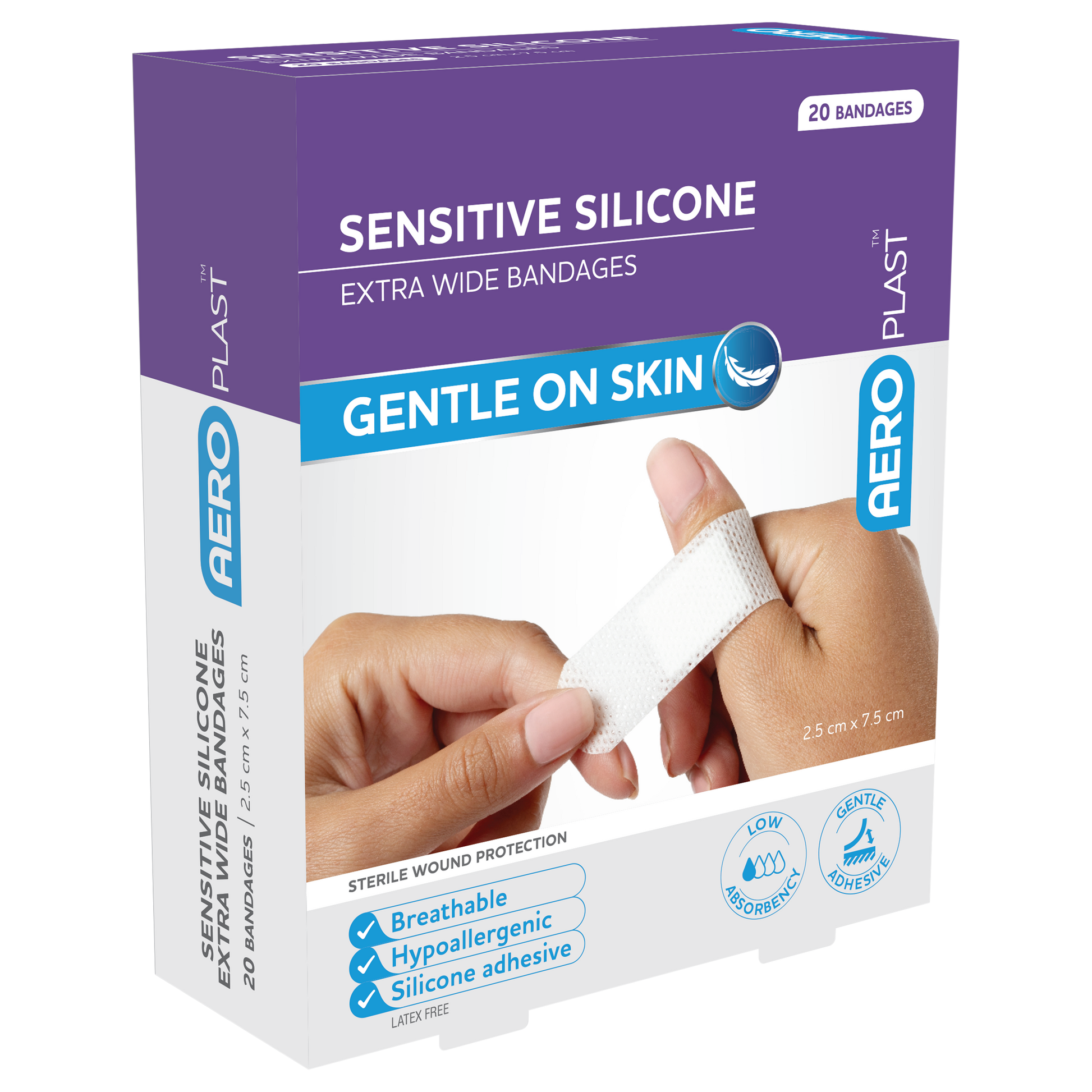 AeroPlast Sensitive Silicone X-Wide Strip 2.5 x 7.5cm pack of 20 gentle low-trauma wound strips for sensitive and fragile skin