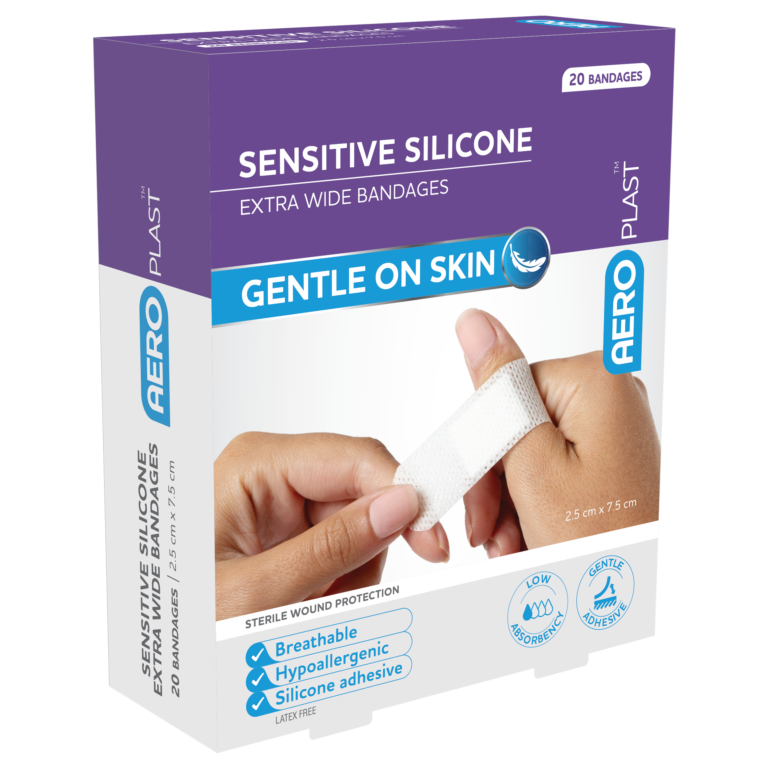 AeroPlast Sensitive Silicone X-Wide Strip 2.5 x 7.5cm pack of 20 gentle low-trauma wound strips for sensitive and fragile skin