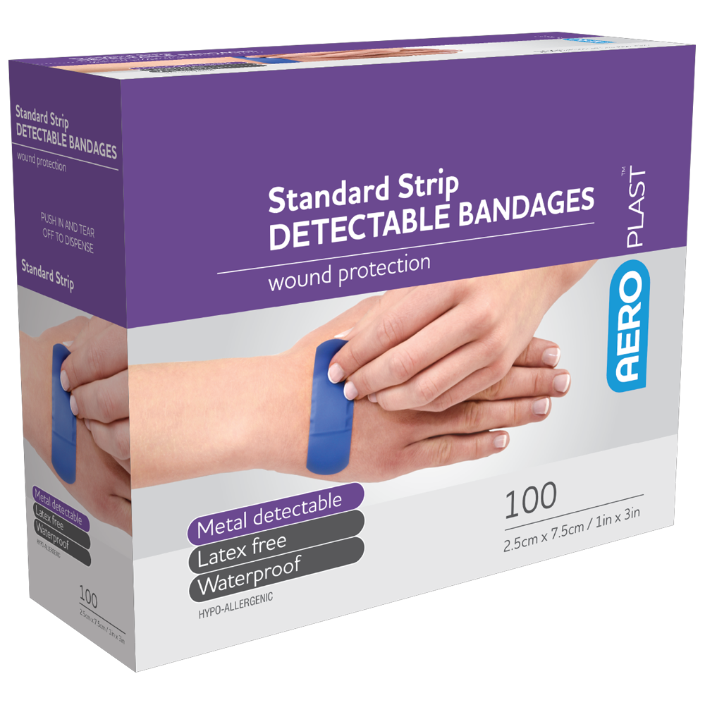 AeroPlast Standard Detectable Strips 7.5x2.5cm box of 100 blue detectable food service wound strips
