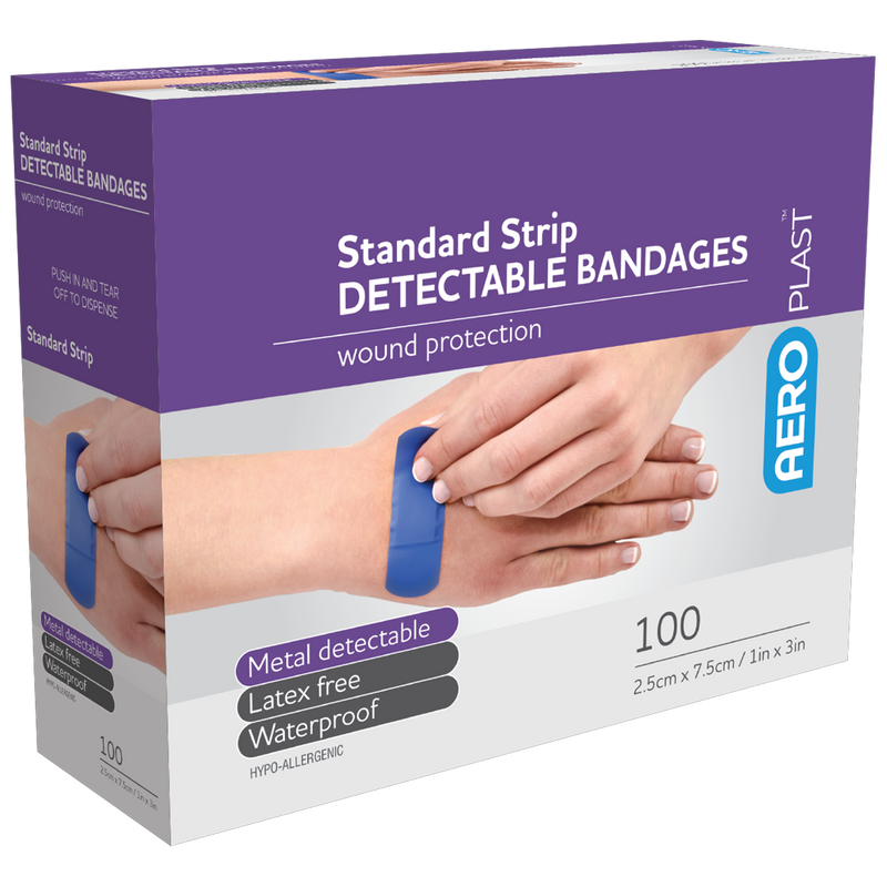 AeroPlast Standard Detectable Strips 7.5x2.5cm box of 100 blue detectable food service wound strips