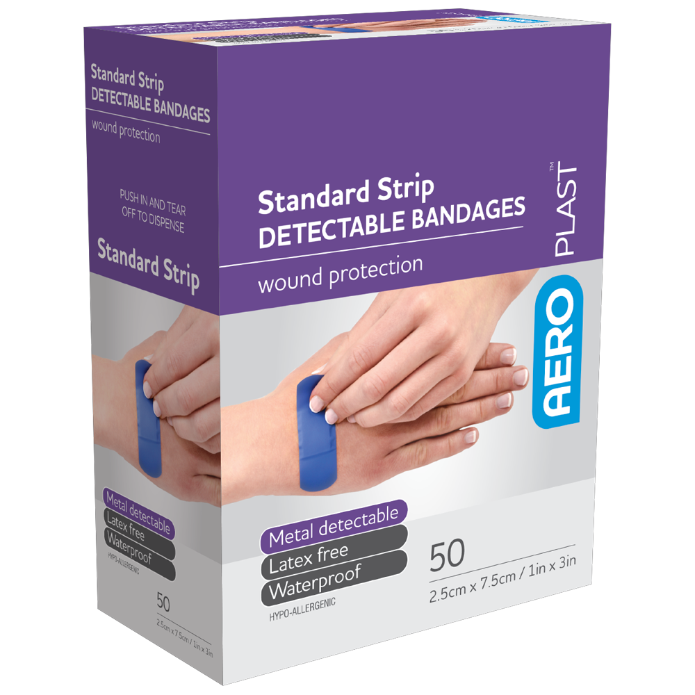 AeroPlast Standard Detectable Strips 7.5x2.5cm box of 50 blue food service wound dressings
