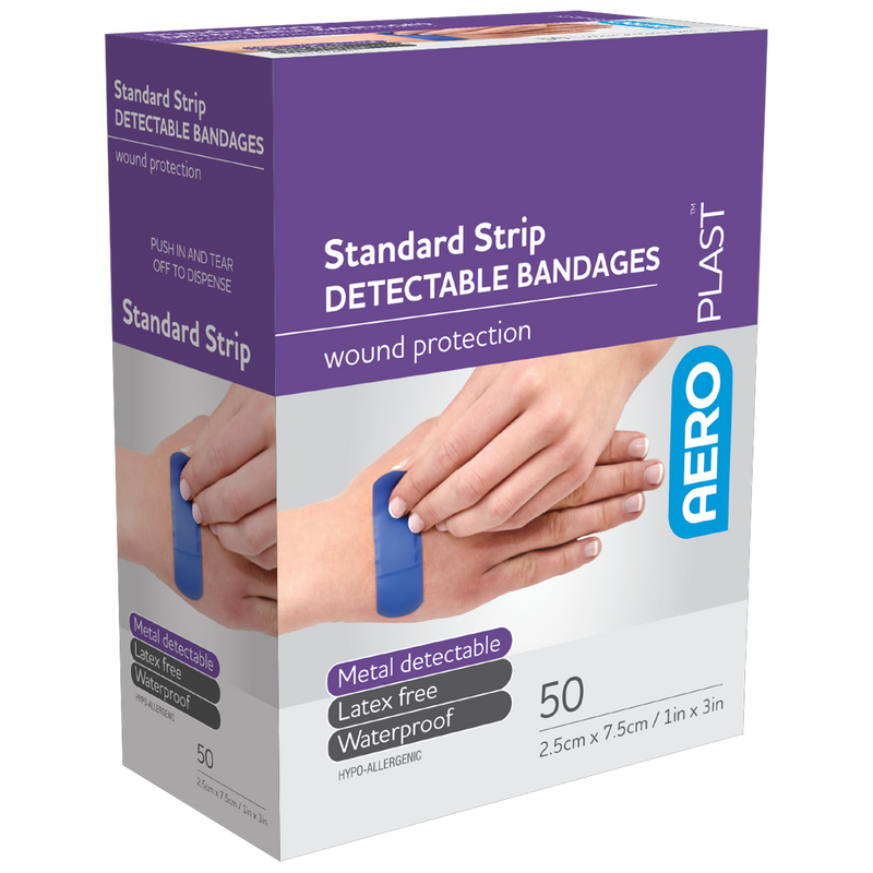 AeroPlast Standard Detectable Strips 7.5x2.5cm box of 50 blue food service wound dressings