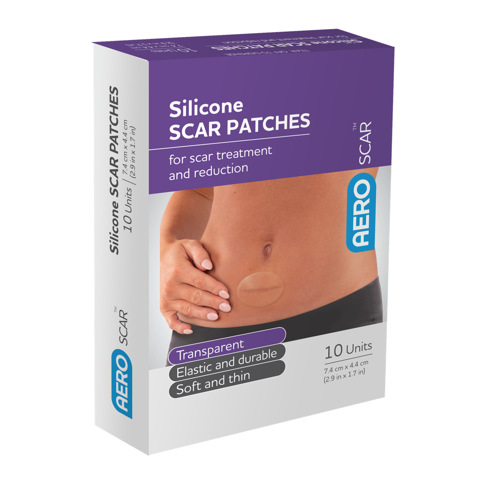 AeroScar Silicone Scar Patch 7.4 x 4.4cm box of 10 medical-grade silicone sheets for hypertrophic and keloid scar management