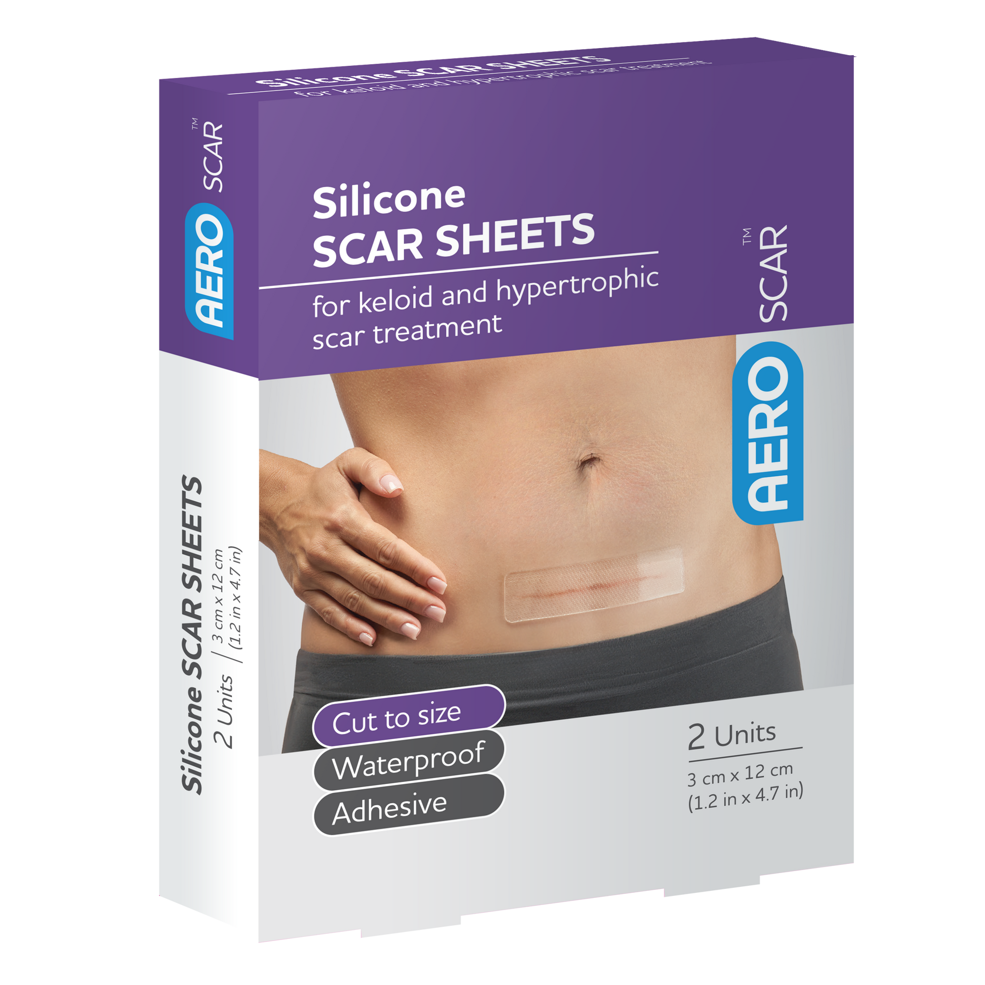 AeroScar Silicone Scar Sheets 3x12cm box of 2 medical-grade reusable scar therapy sheets