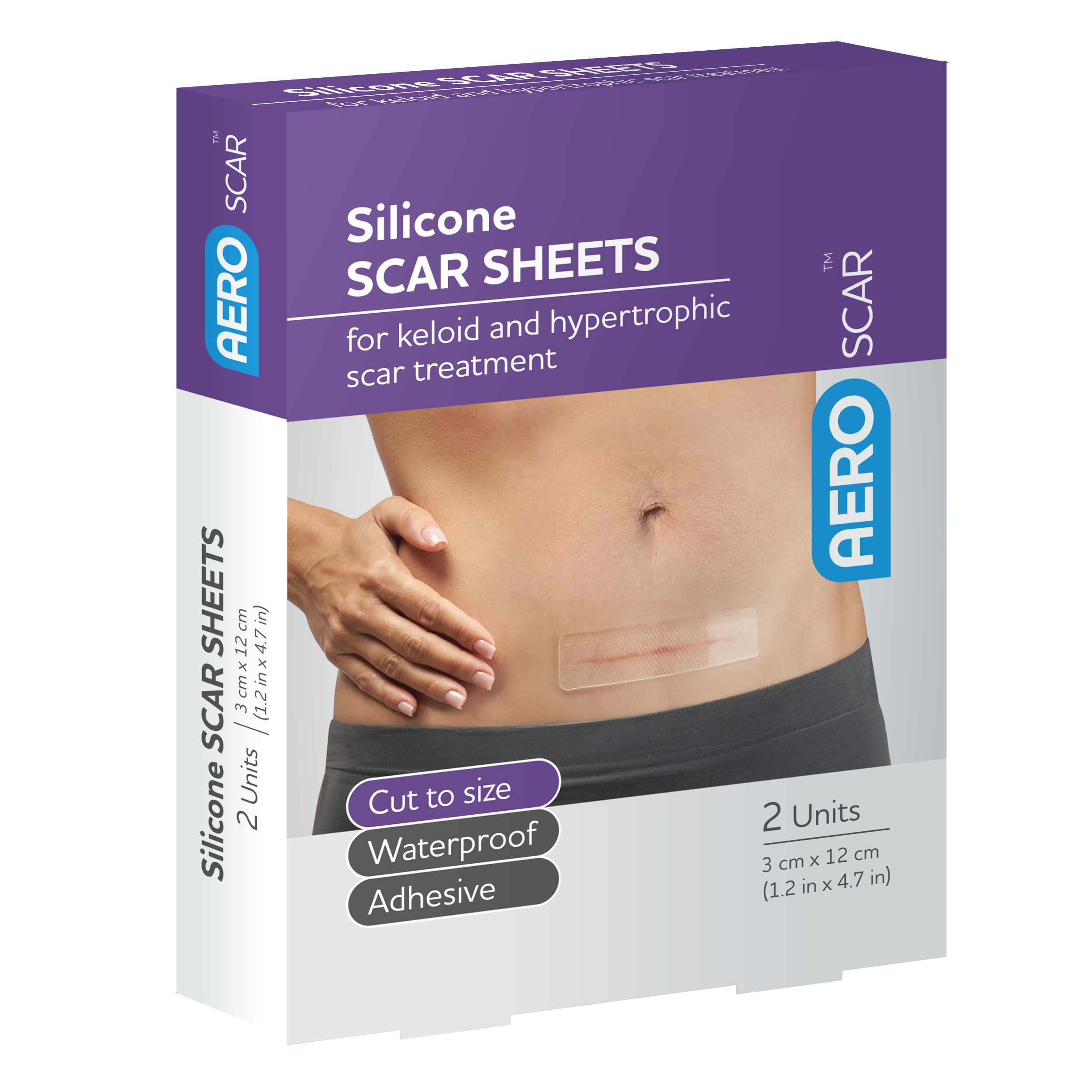 AeroScar Silicone Scar Sheets 3x12cm box of 2 medical-grade reusable scar therapy sheets