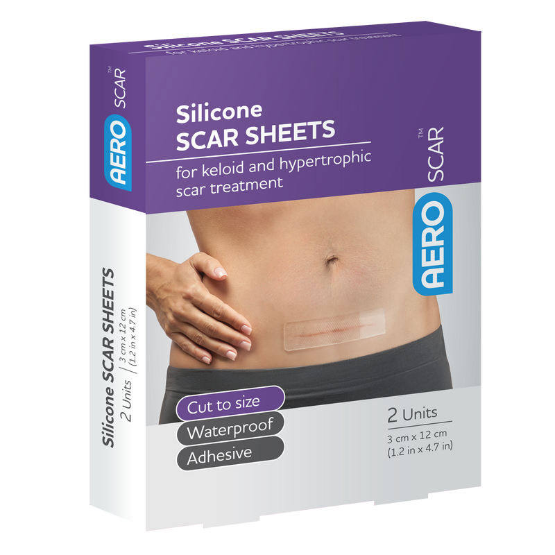 AeroScar Silicone Scar Sheets 3x12cm box of 2 medical-grade reusable scar therapy sheets