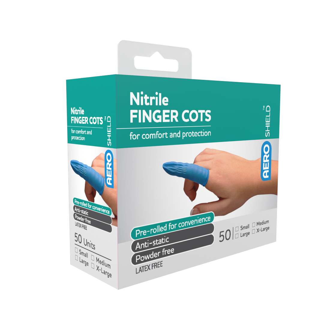 AeroShield Large Nitrile Finger Cots box of 50 nitrile fingertip protection for clinical and workplace hygiene tasks