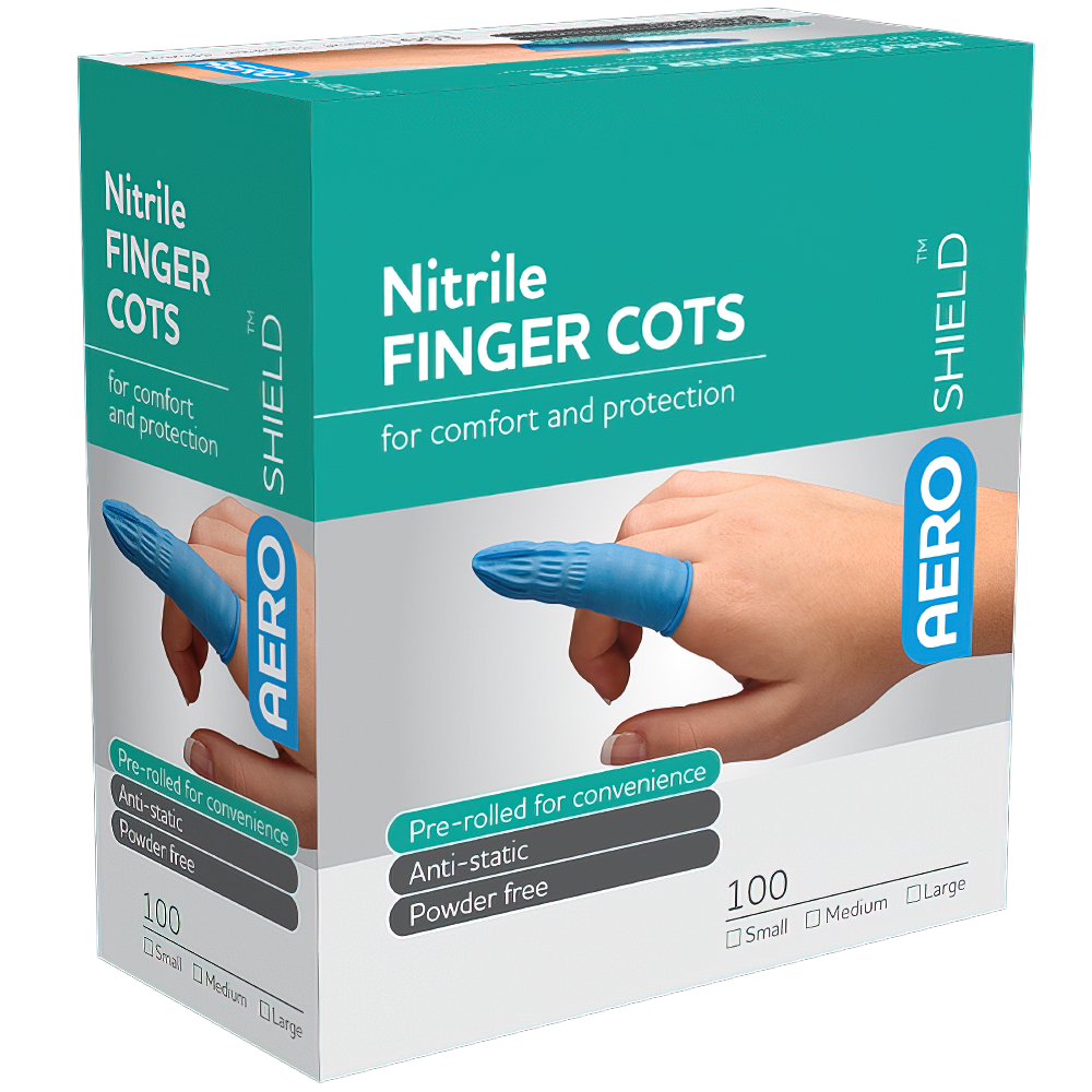 AeroShield X-Large Nitrile Finger Cots box of 100 protective fingertip covers for clinical hygiene and wound management