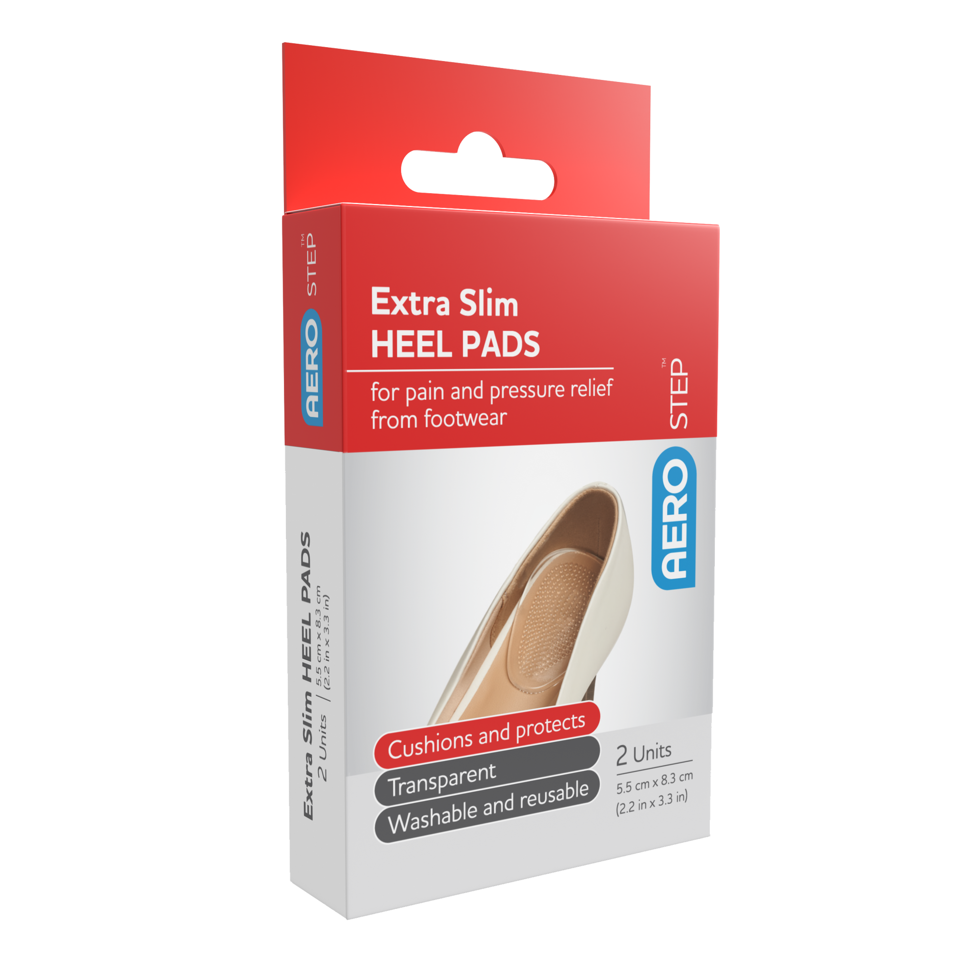 AeroStep Extra Slim Heel Pad 55x83mm box of 2 transparent gel heel pad for daily footwear comfort