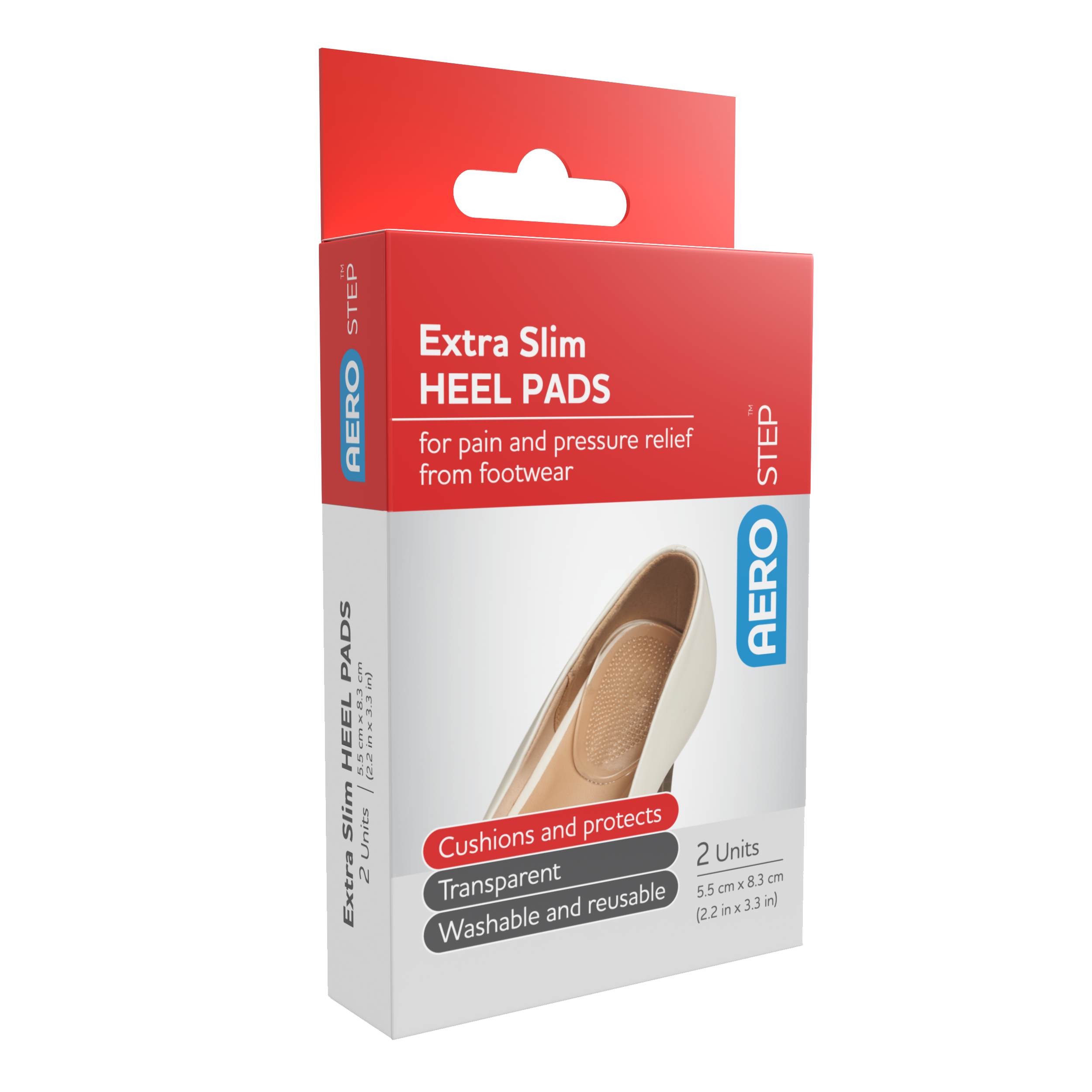 AeroStep Extra Slim Heel Pad 55x83mm box of 2 transparent gel heel pad for daily footwear comfort