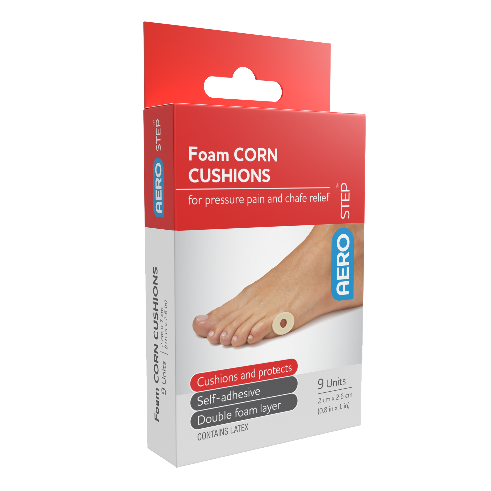 AeroStep Foam Corn Cushions 20 x 26mm box of 9 donut-shaped cushions for corn pain relief in footwear