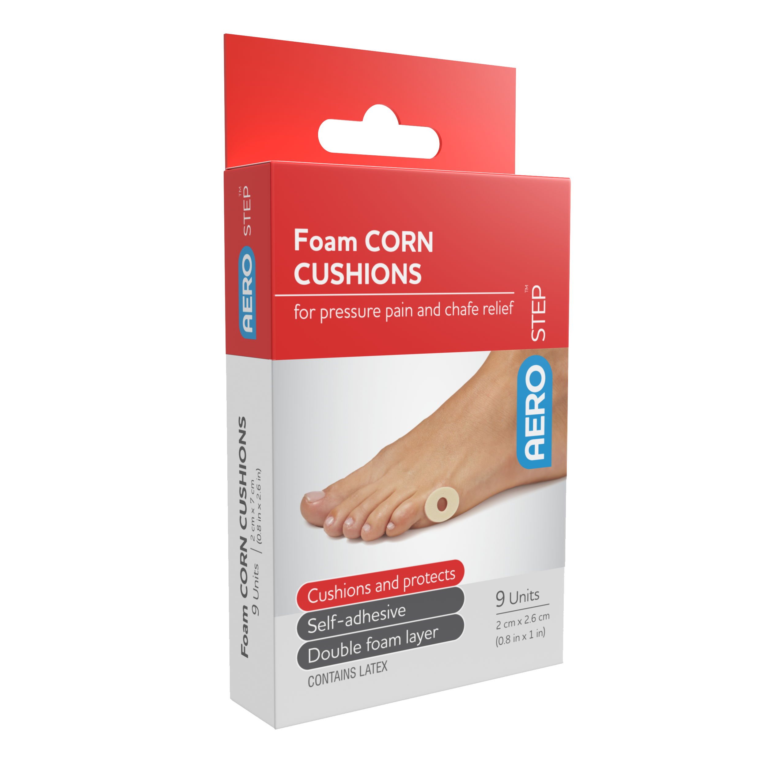 AeroStep Foam Corn Cushions 20 x 26mm box of 9 donut-shaped cushions for corn pain relief in footwear