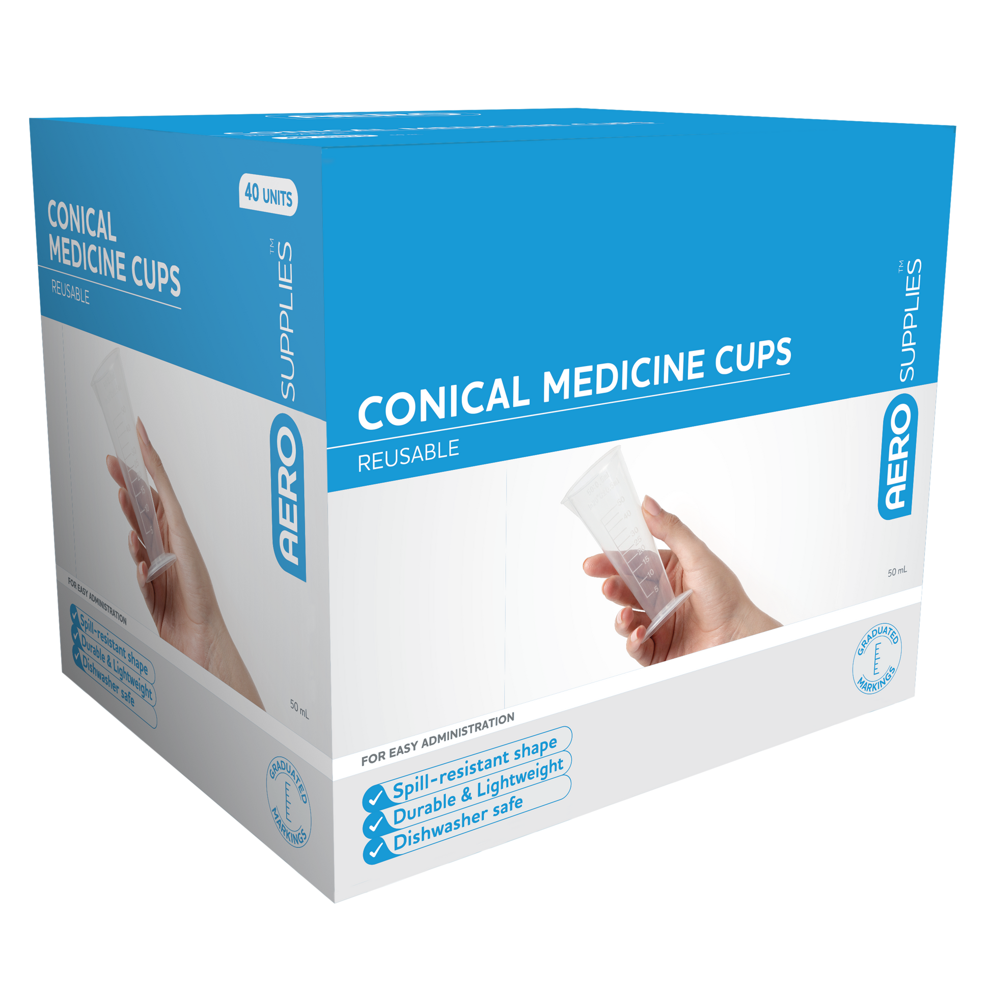AeroSupplies Conical Medicine Cup 50mL Box 40 disposable conical cups for medication dispensing