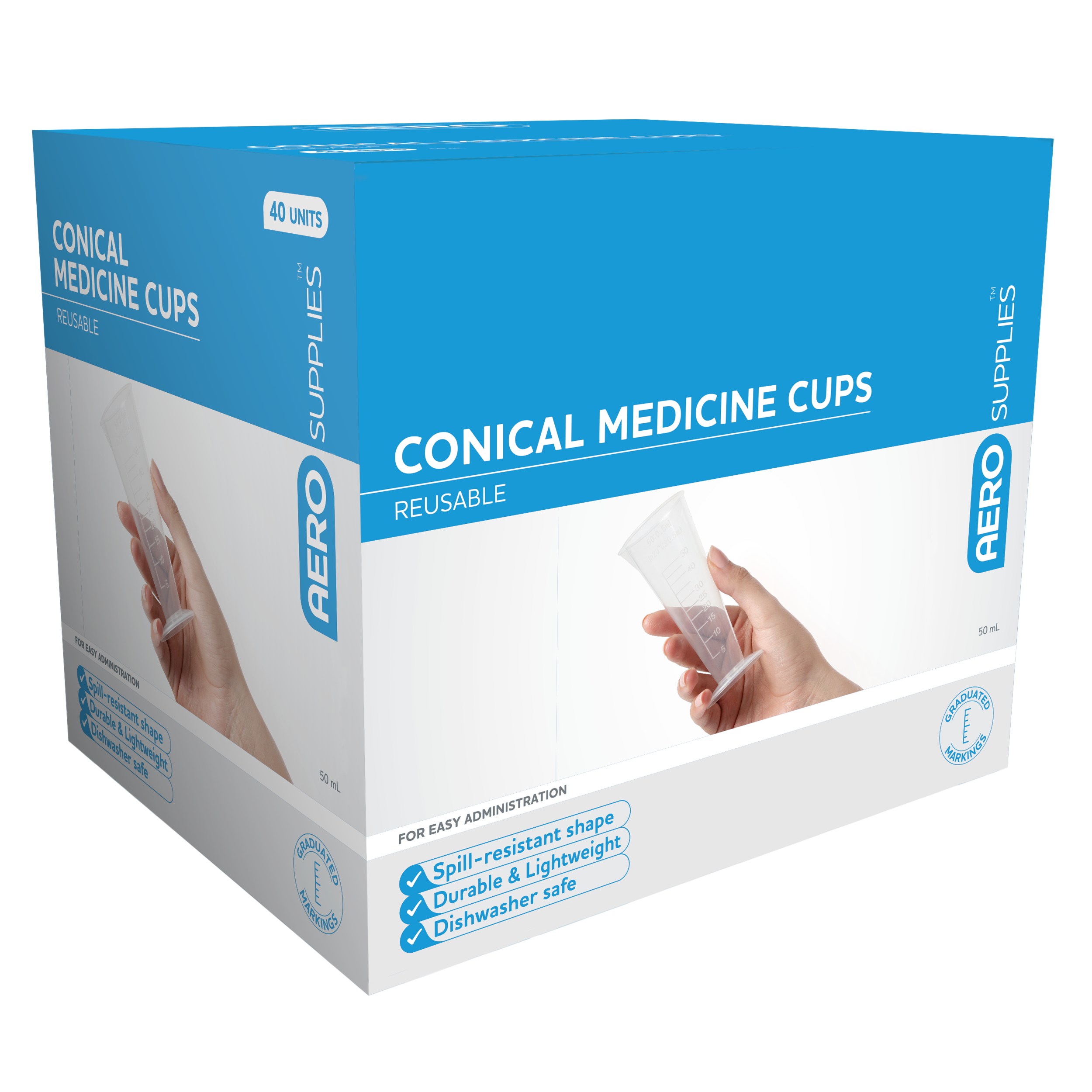 AeroSupplies Conical Medicine Cup 50mL Box 40 disposable conical cups for medication dispensing