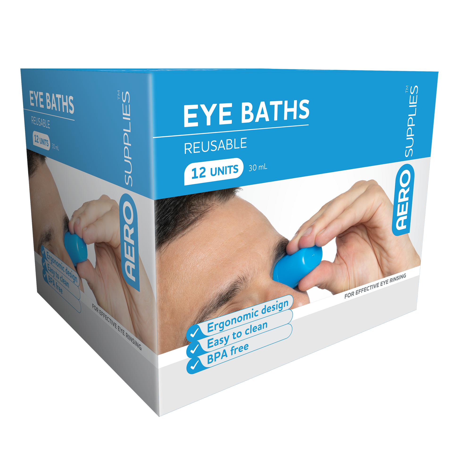 AeroSupplies Eye Bath 30mL box of 12 contoured cup for eyewash solution application