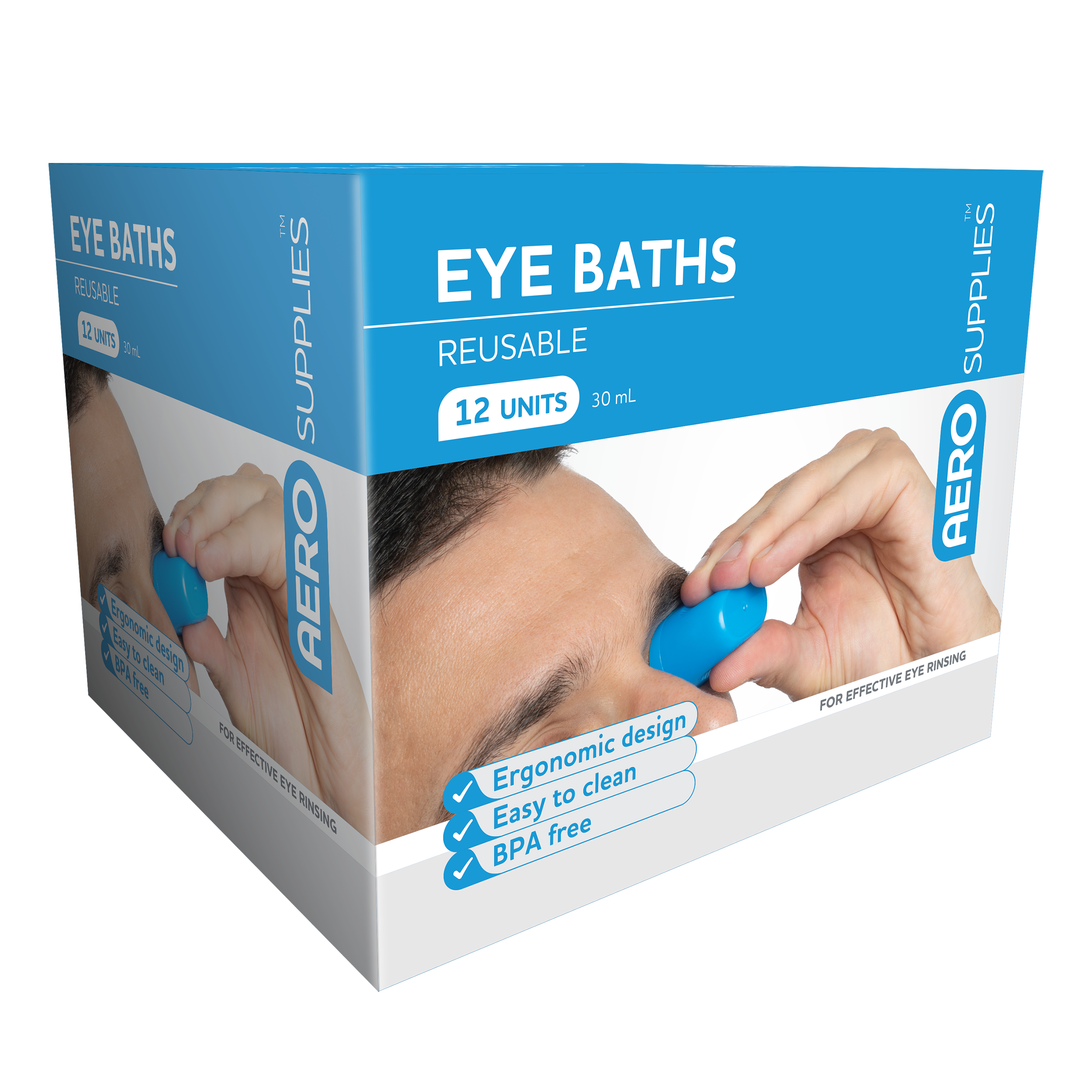 AeroSupplies Eye Bath 30mL box of 12 contoured cup for eyewash solution application
