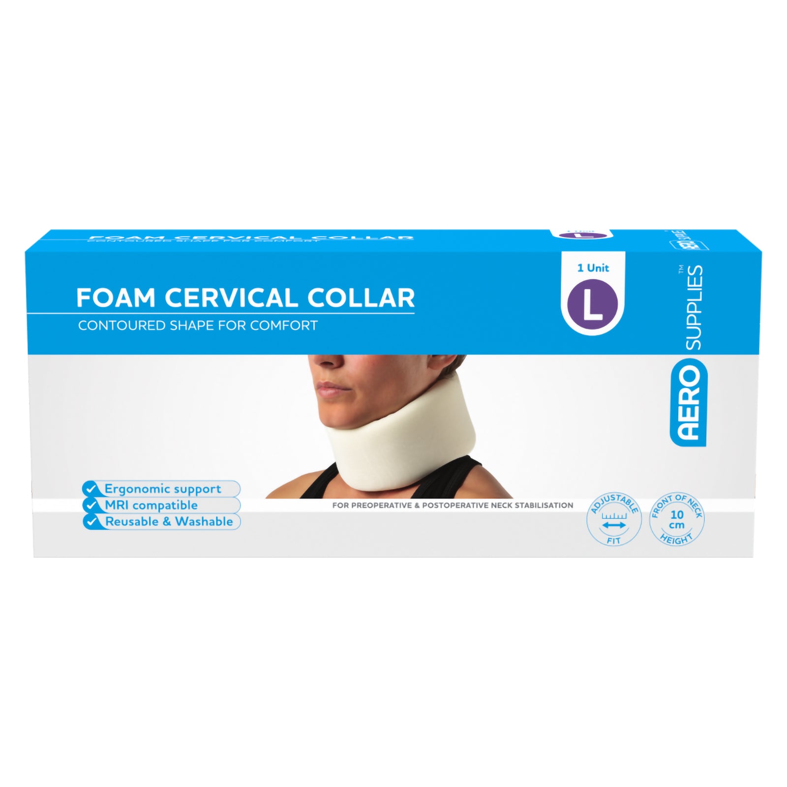 Straight front view of the AeroSupplies Foam Cervical Collar Large retail packaging. The box clearly presents the contoured neck support, Large size marking, adjustable fit, MRI compatibility, reusable washable design and suitability for a 10cm front of neck height.
