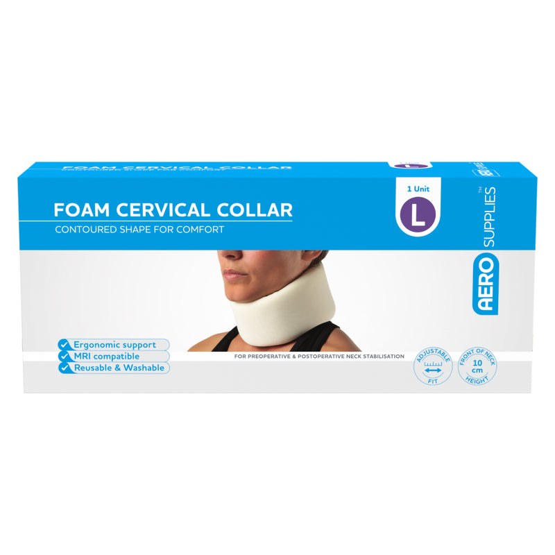 Straight front view of the AeroSupplies Foam Cervical Collar Large retail packaging. The box clearly presents the contoured neck support, Large size marking, adjustable fit, MRI compatibility, reusable washable design and suitability for a 10cm front of neck height.