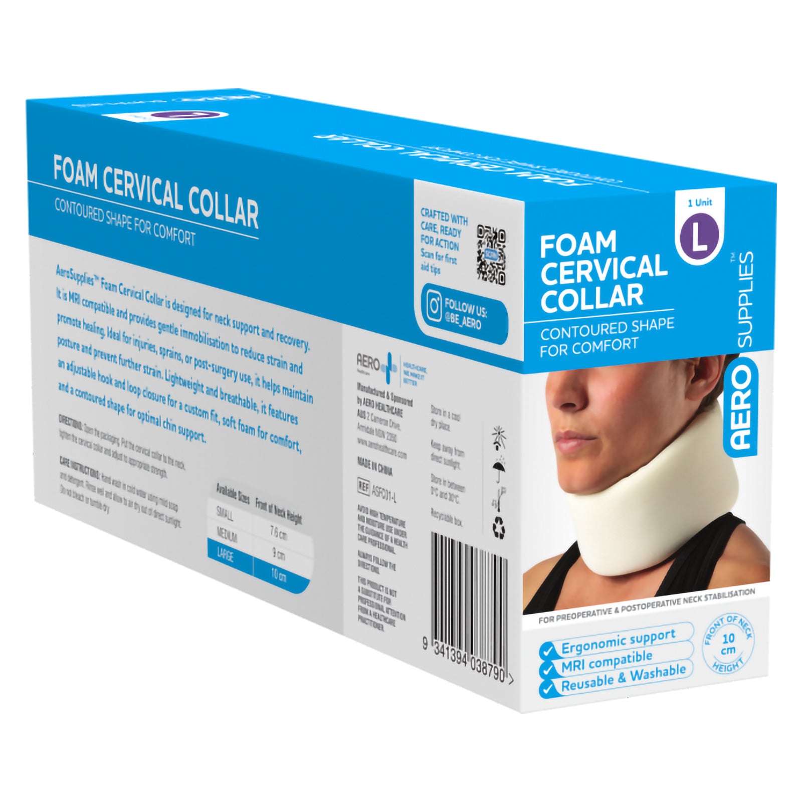 Three quarter rear packaging view of the AeroSupplies Foam Cervical Collar Large. The box displays product information, fitting and care guidance, Large size identification, 10cm front of neck height, product reference ASFC01-L and an image demonstrating the collar when worn.