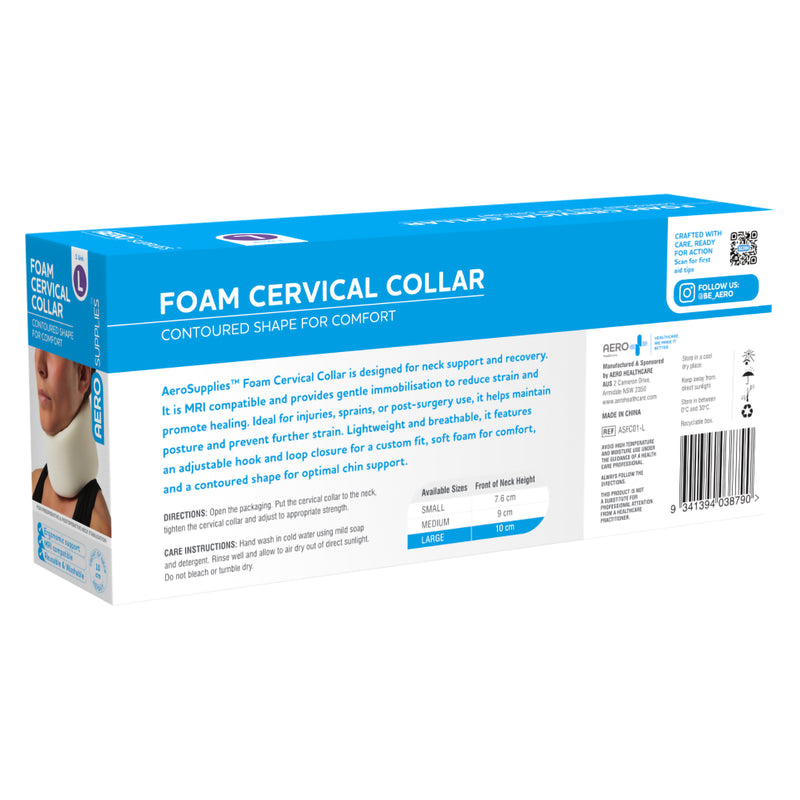 Angled rear and side view of AeroSupplies Foam Cervical Collar Large packaging against a clean white background. The product information panel highlights neck support, adjustable fitting, care instructions and the Large 10cm front of neck height specification.