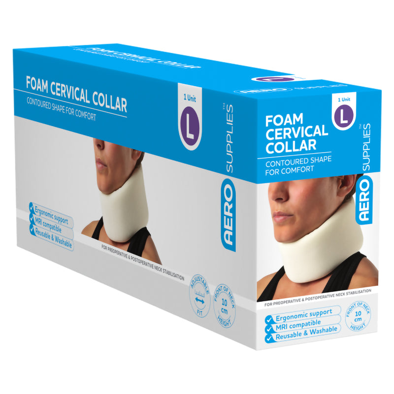 Three quarter front view of the AeroSupplies Foam Cervical Collar Large box. The packaging displays the Large size identifier, contoured collar being worn, ergonomic support, MRI compatibility, reusable washable construction and the 10cm front of neck height specification.