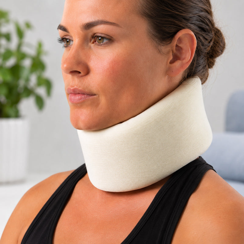 Front angled lifestyle view of the AeroSupplies Foam Cervical Collar Large fitted around the neck. The image clearly shows how the soft contoured collar supports beneath the chin while providing broad cushioned coverage around the neck for comfortable stabilisation.