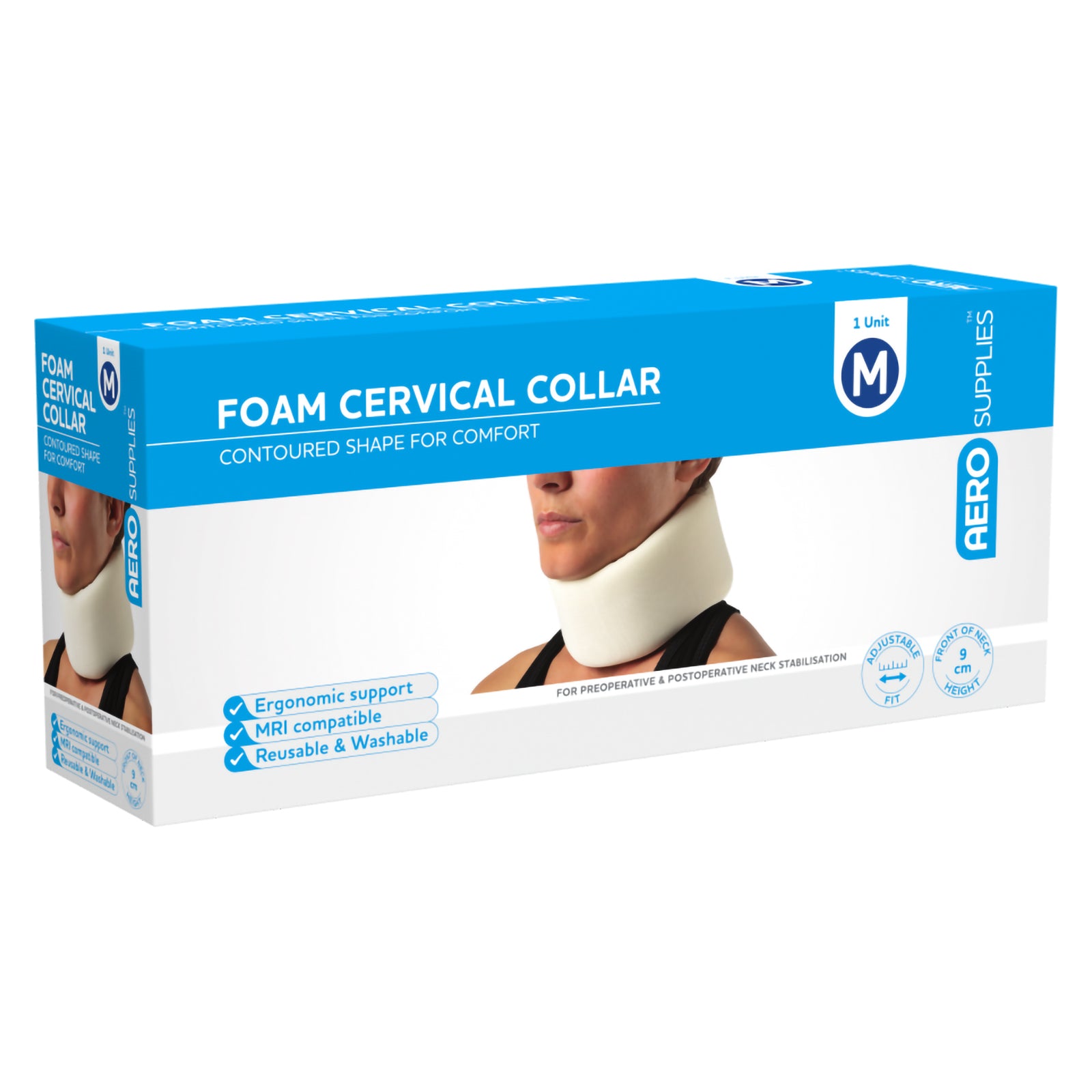 Angled front product view of the AeroSupplies Foam Cervical Collar Medium box, clearly presenting the medium size marking, contoured collar imagery and reusable washable product features.