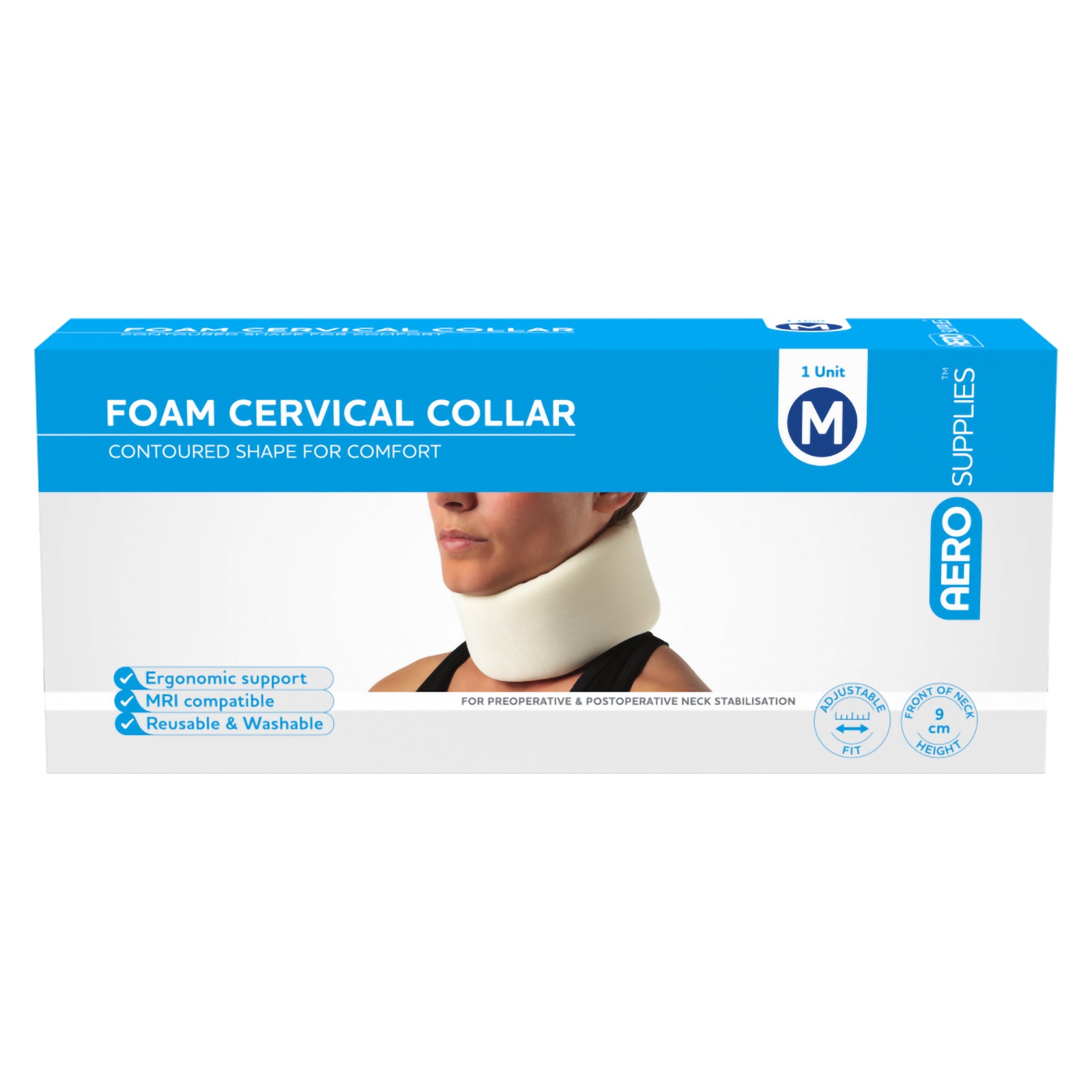 Straight front view of the AeroSupplies Medium Foam Cervical Collar retail carton showing the collar in use, ergonomic support information, MRI compatibility and 9cm neck height marking.