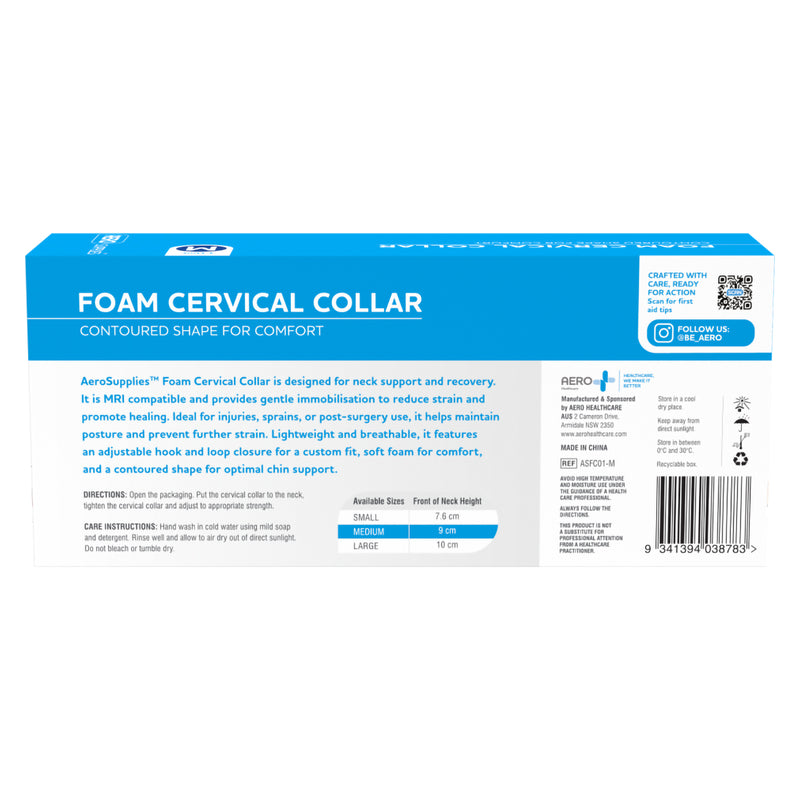 Rear packaging view of the AeroSupplies Medium Foam Cervical Collar box showing product information, directions, care instructions and the size guide identifying medium as a 9cm front of neck height.