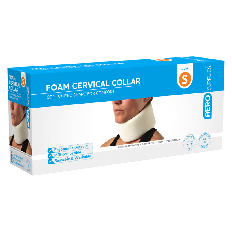 Front angled product packaging image of the AeroSupplies Small Foam Cervical Collar, clearly presenting the contoured neck support design, Small size identifier and reusable, washable and MRI compatible features.