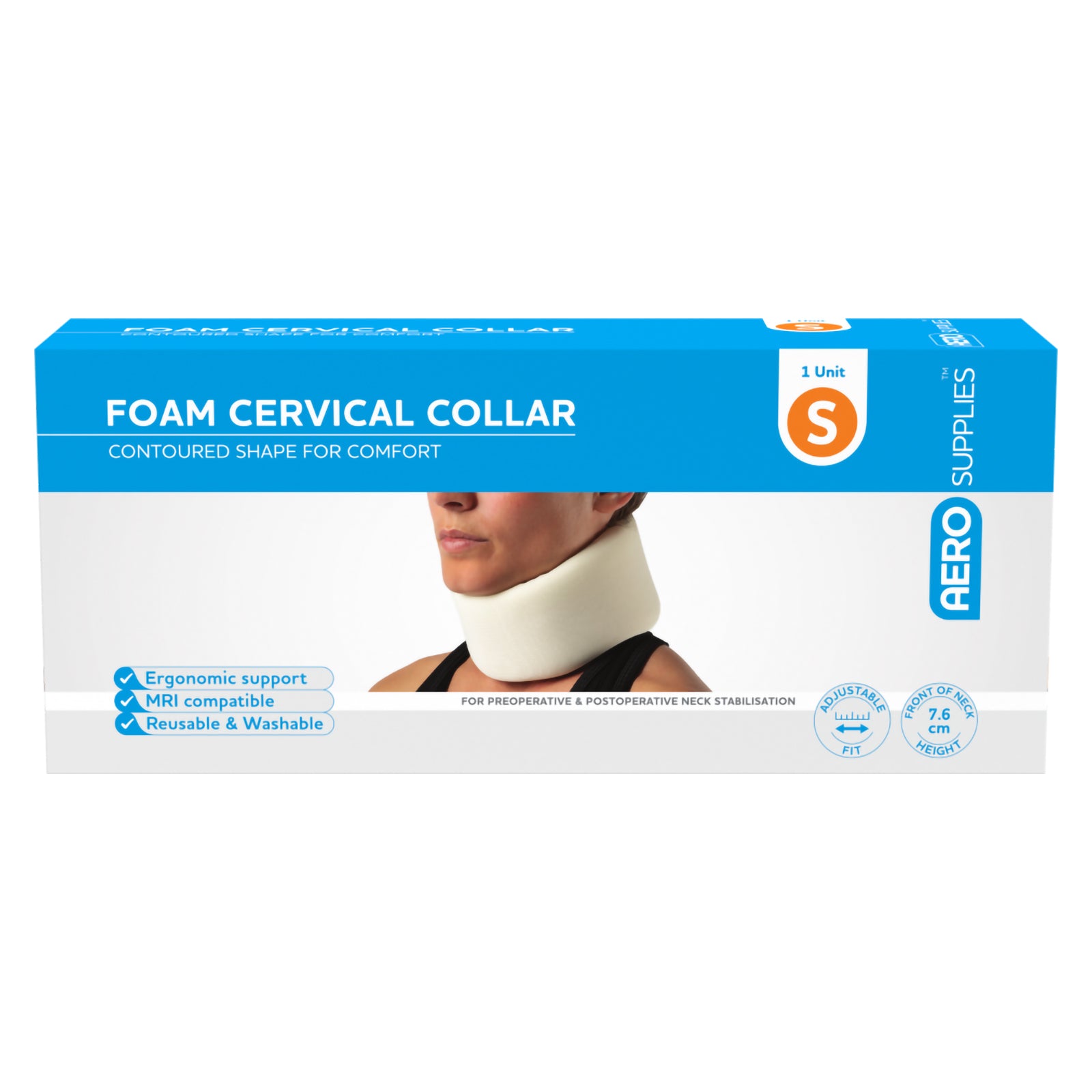 Straight front view of the AeroSupplies Foam Cervical Collar Small packaging with Small size marking, 7.6cm front of neck height, ergonomic support information and product image.