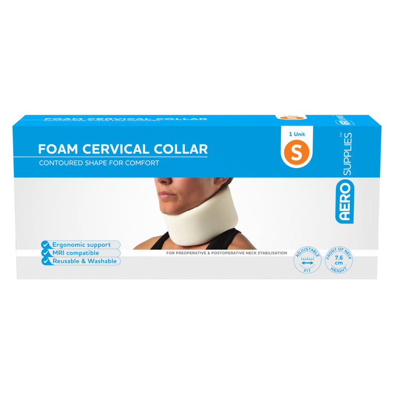 Straight front view of the AeroSupplies Foam Cervical Collar Small packaging with Small size marking, 7.6cm front of neck height, ergonomic support information and product image.