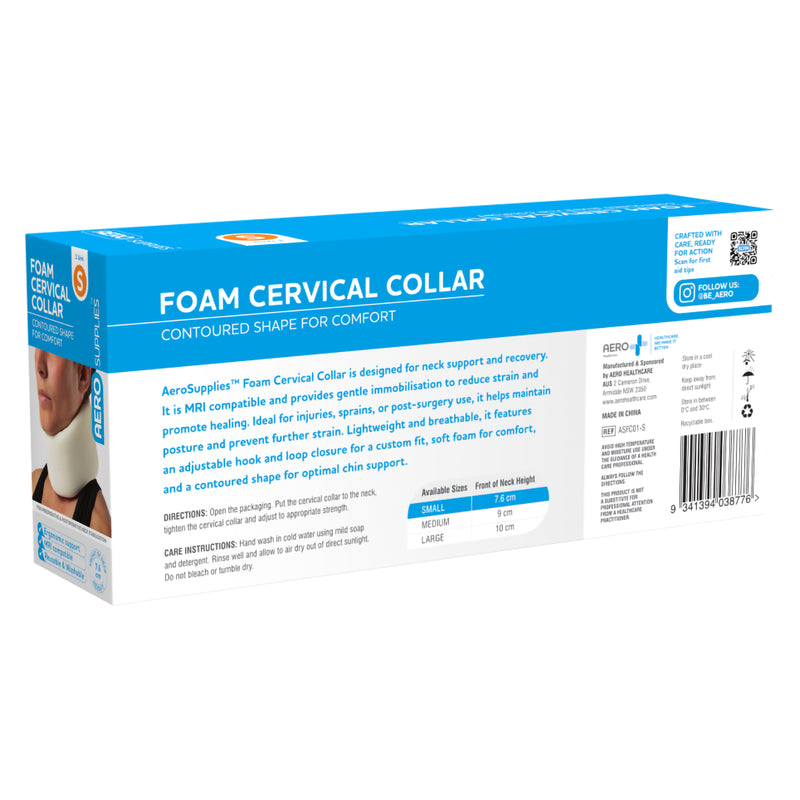 Angled rear packaging view of the AeroSupplies Small Foam Cervical Collar, highlighting the blue and white carton, care information and clearly marked Small size selection.