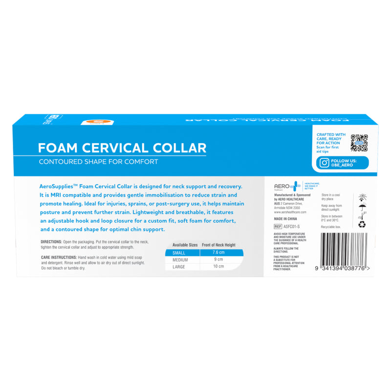Rear view of the AeroSupplies Foam Cervical Collar Small box displaying product information, directions, care instructions, Small 7.6cm sizing reference and manufacturer details.