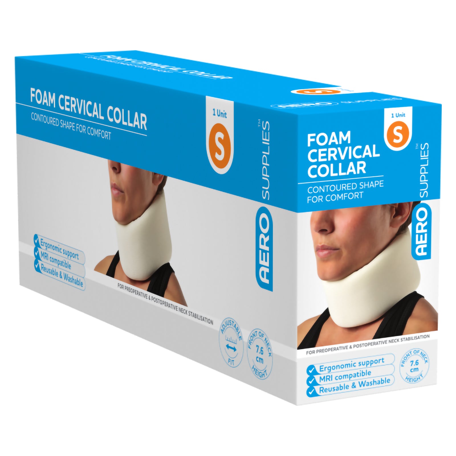 Angled retail box view of the AeroSupplies Foam Cervical Collar Small showing the front and side panels, orange Small identifier and imagery demonstrating the collar fitted around the neck.