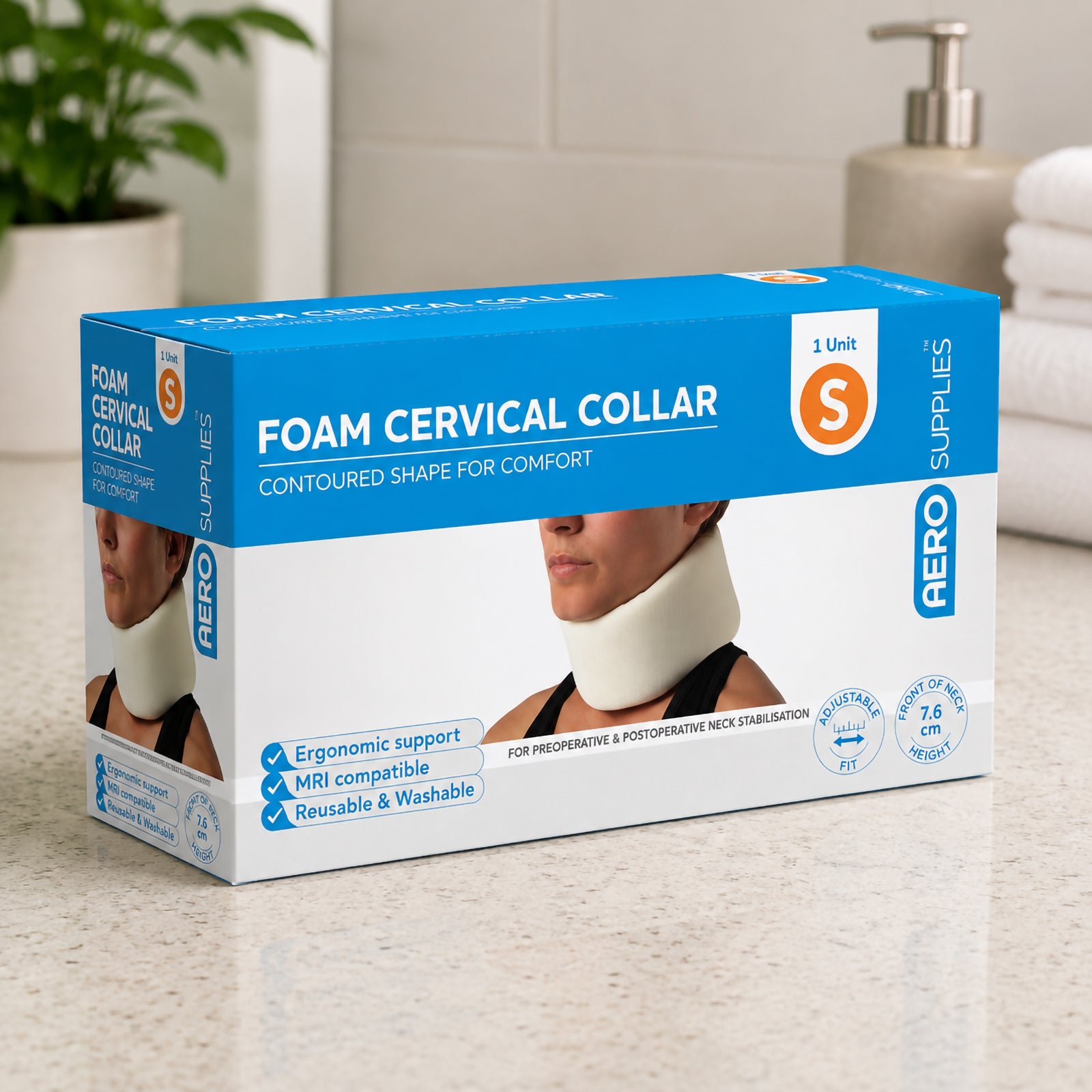 AeroSupplies Foam Cervical Collar Small retail box displayed on a light benchtop, with the blue and white packaging showing Small sizing, 7.6cm front of neck height and key product features.