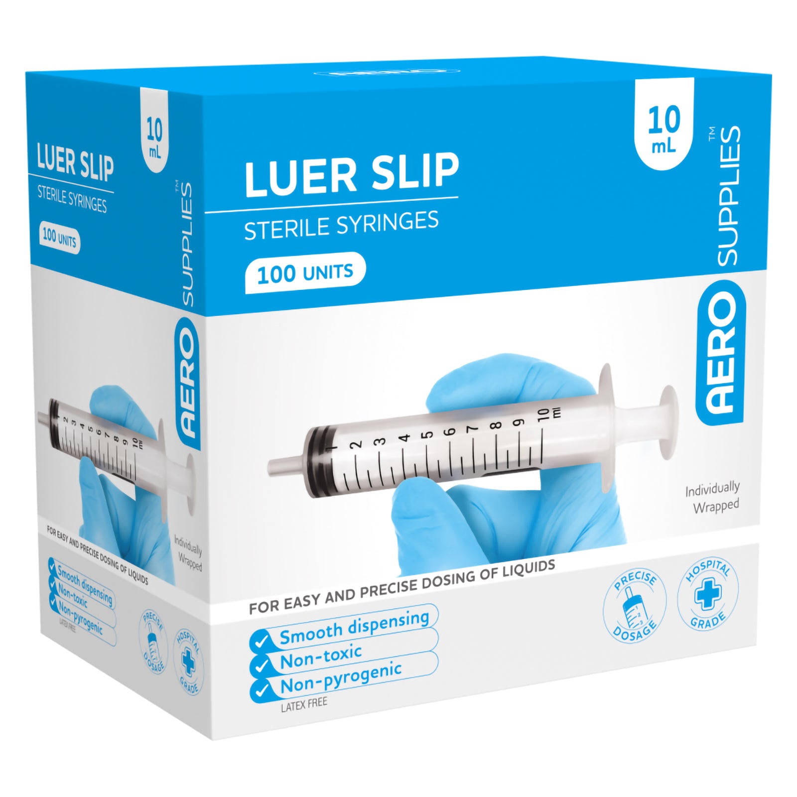 Three quarter product view of the AeroSupplies Luer Slip Sterile Syringe 10ml Box 100 against a white background. Front and side panels show the syringe design, 10ml capacity, 100 unit quantity, individually wrapped presentation and key smooth dispensing and precise dosage messaging.