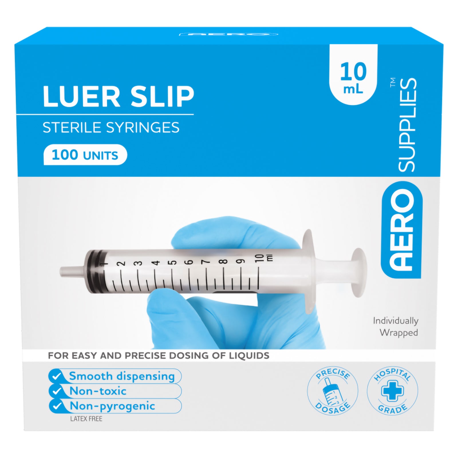 Straight front view of the AeroSupplies 10ml Luer Slip Syringe Box 100. Packaging clearly identifies the 10ml capacity, 100 sterile syringes and individually wrapped format, with a large product image demonstrating the transparent barrel, graduated markings, plunger and luer slip tip.
