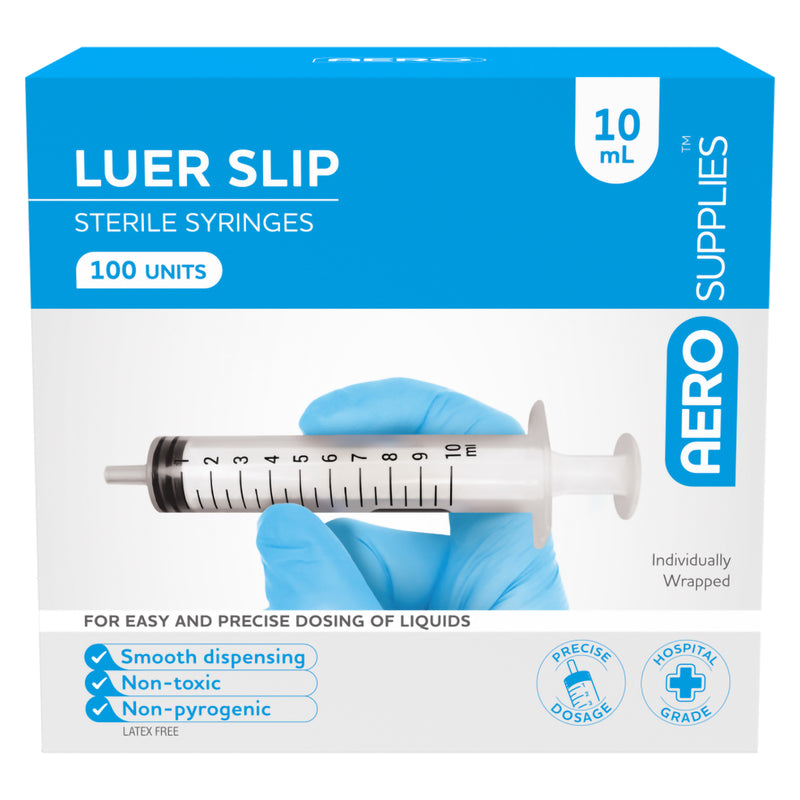 Straight front view of the AeroSupplies 10ml Luer Slip Syringe Box 100. Packaging clearly identifies the 10ml capacity, 100 sterile syringes and individually wrapped format, with a large product image demonstrating the transparent barrel, graduated markings, plunger and luer slip tip.
