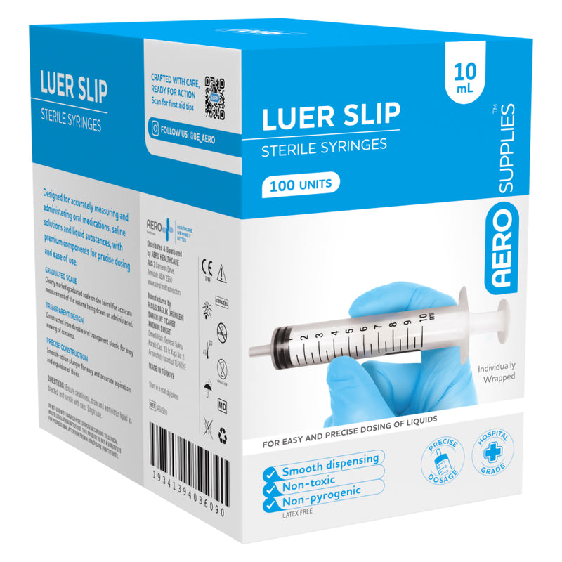 Rear and side view of the AeroSupplies Luer Slip Sterile Syringe 10ml Box 100. Blue and white healthcare packaging displays the 10ml syringe, individually wrapped format, precise dosage messaging and key product information including smooth dispensing, non toxic and non pyrogenic construction.